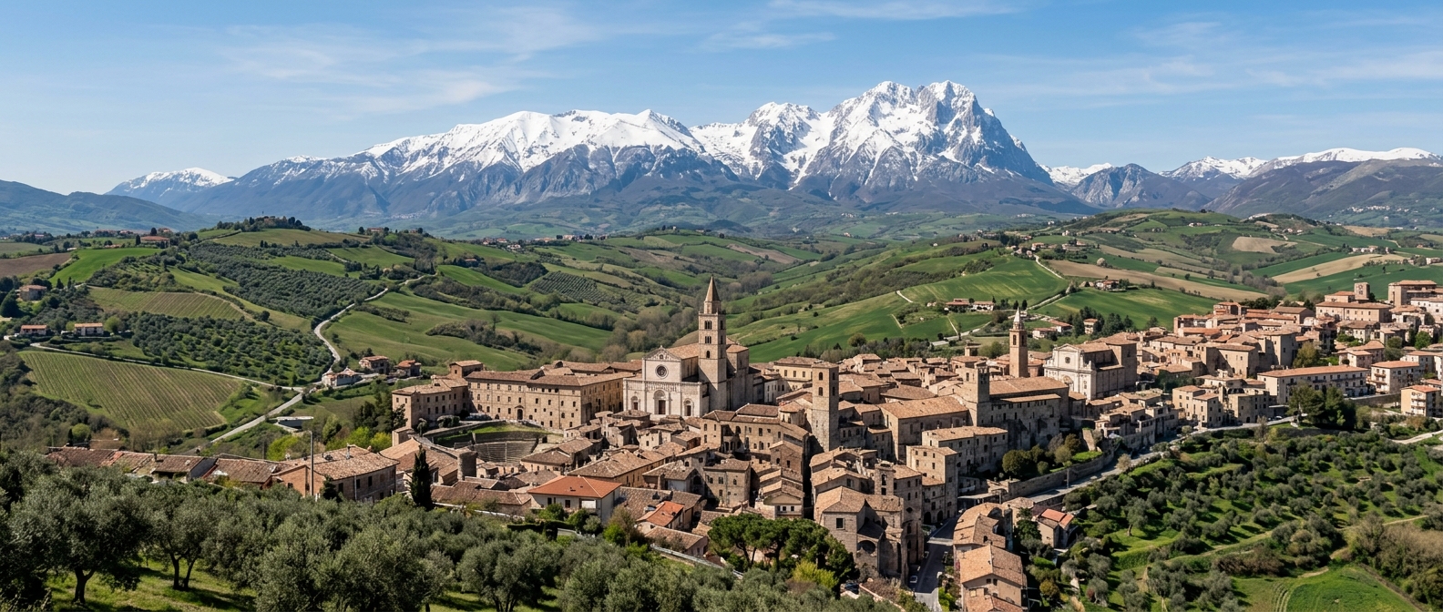 Panoramic view of Teramo city with historic cathedral and medieval buildings in the foreground, rolling green hills with olive groves, and the snow-capped Gran Sasso mountain range in the background under a clear sky
