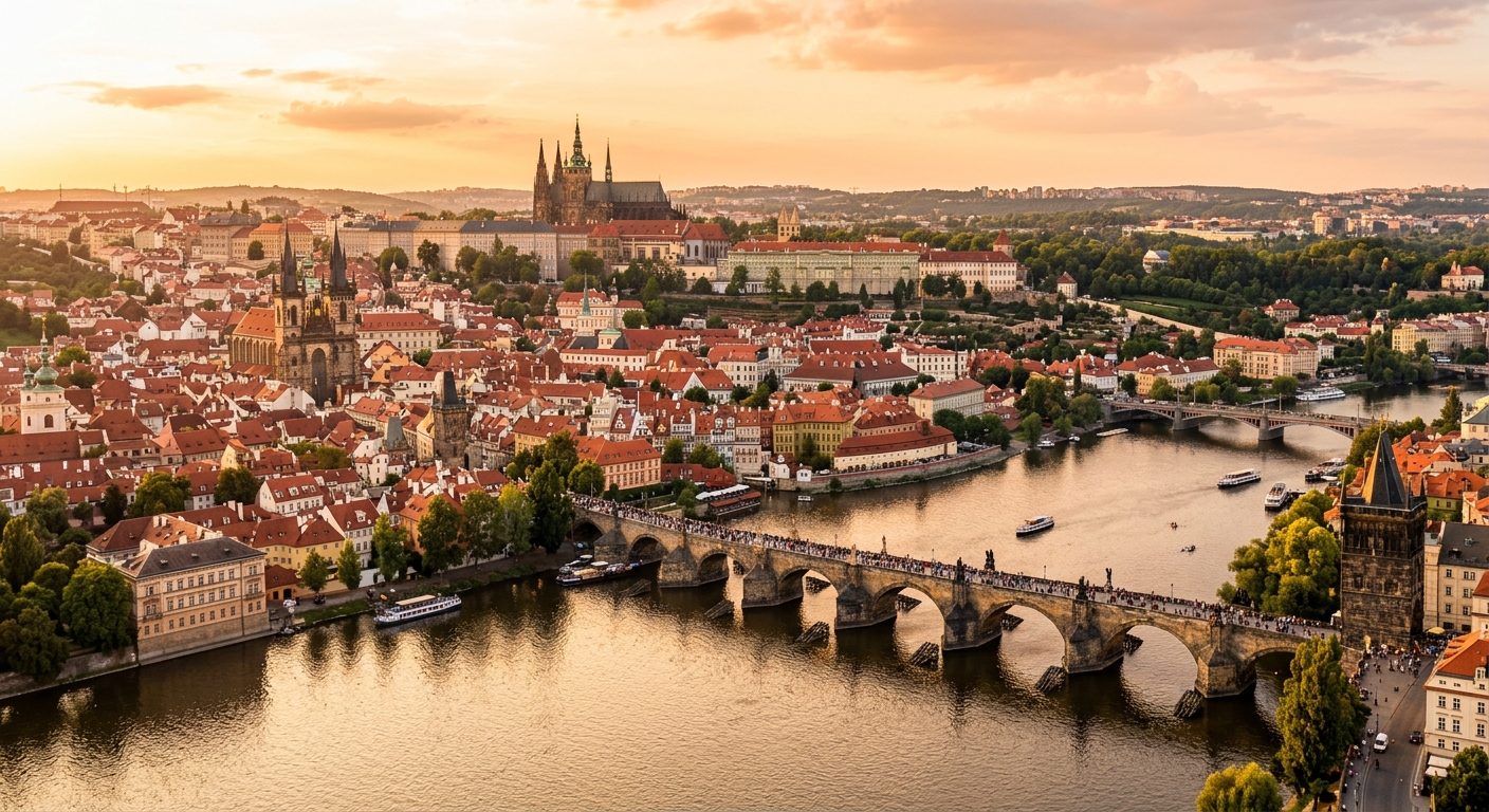 Prague cityscape panorama showing Charles Bridge over the Vltava River, Prague Castle and St. Vitus Cathedral on the hilltop, red rooftops of Old Town, golden hour lighting, historic Baroque architecture