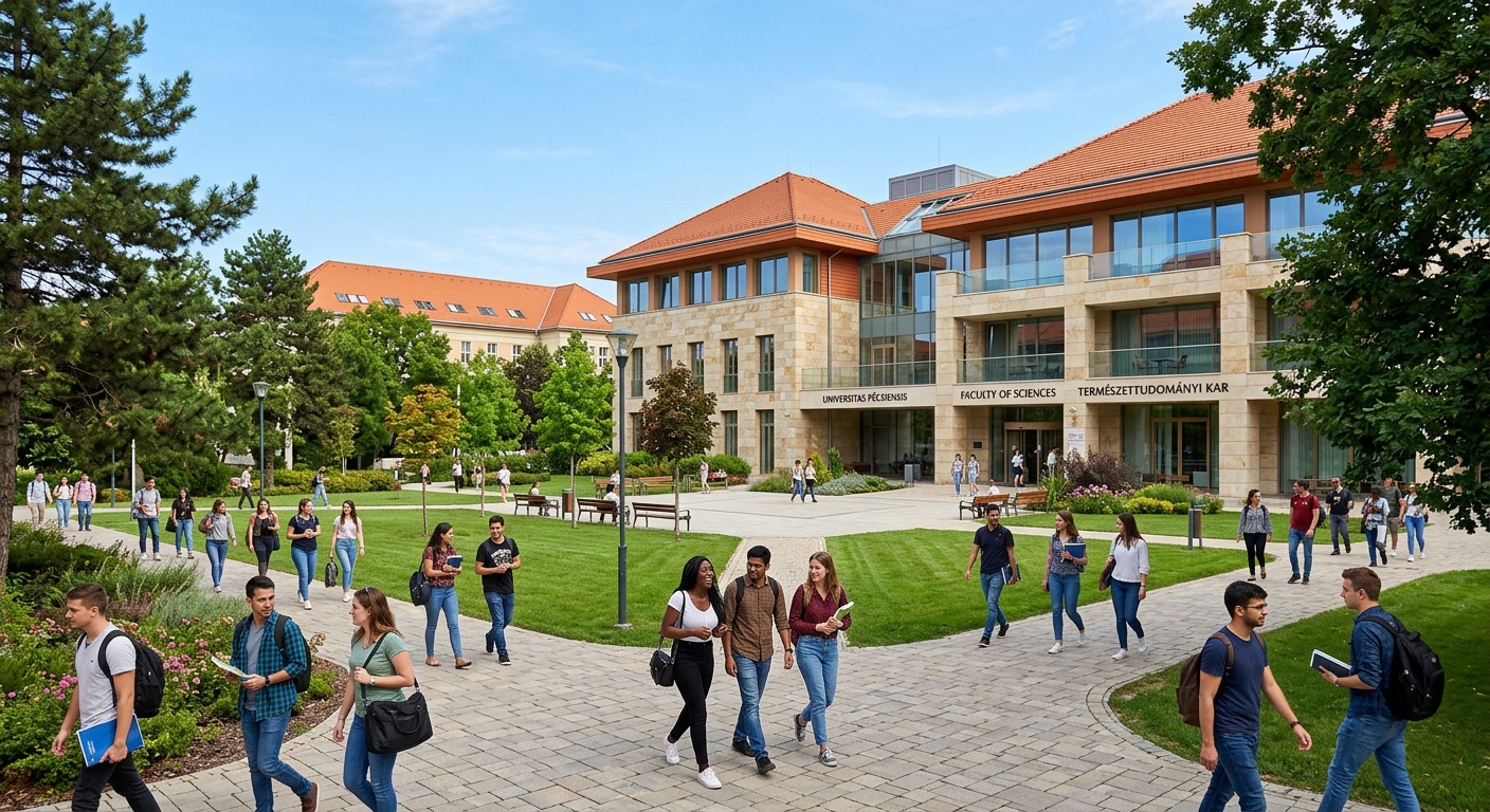 University of Pécs Faculty of Sciences building in Pécs Hungary, modern campus with green courtyard, international students walking between lecture halls, Mediterranean-style architecture with terracotta roofs under clear blue sky