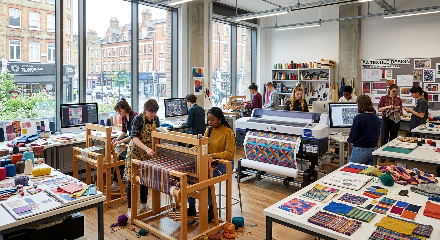 Modern textile design studio at London Metropolitan University with students working on fabric samples, looms, and digital textile printing equipment, vibrant East London campus setting with large windows and natural light