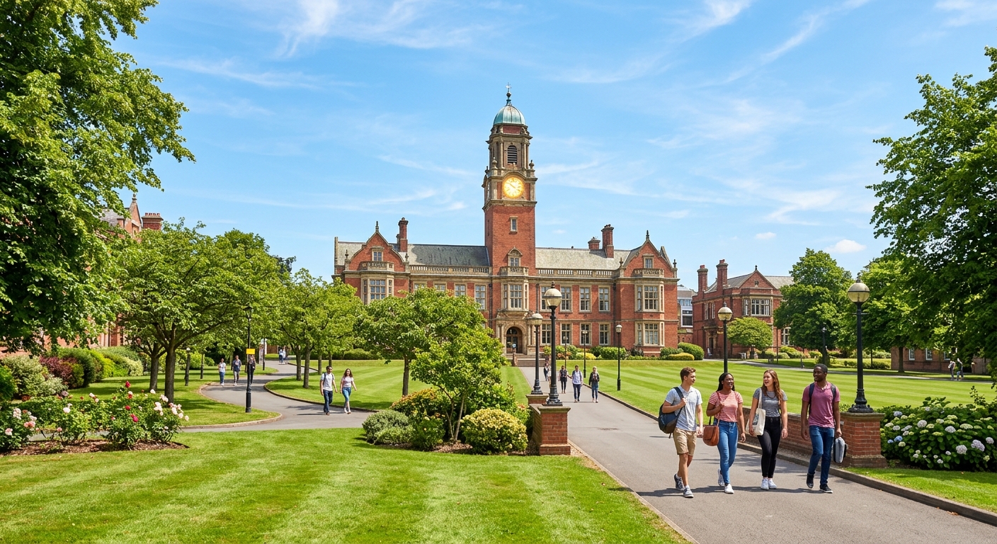 University of Nottingham University Park campus with expansive green lawns, historic red-brick buildings, and the iconic Trent Building clock tower under a bright blue sky, students walking along tree-lined pathways