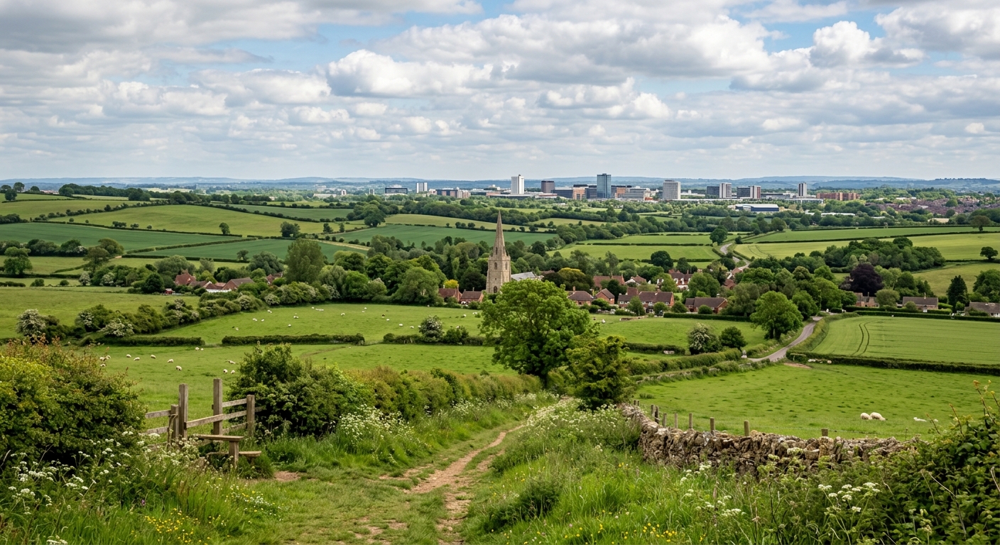 English countryside landscape near Cranfield Bedfordshire with rolling green fields, village church spire, and distant view of Milton Keynes skyline under partly cloudy sky