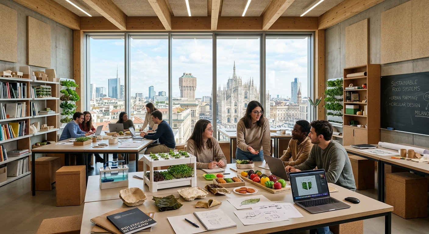 Modern design studio at Politecnico di Milano campus in Milan, Italy, with students collaborating on sustainable food system projects, natural materials and food prototypes on tables, large windows with Milan cityscape in background