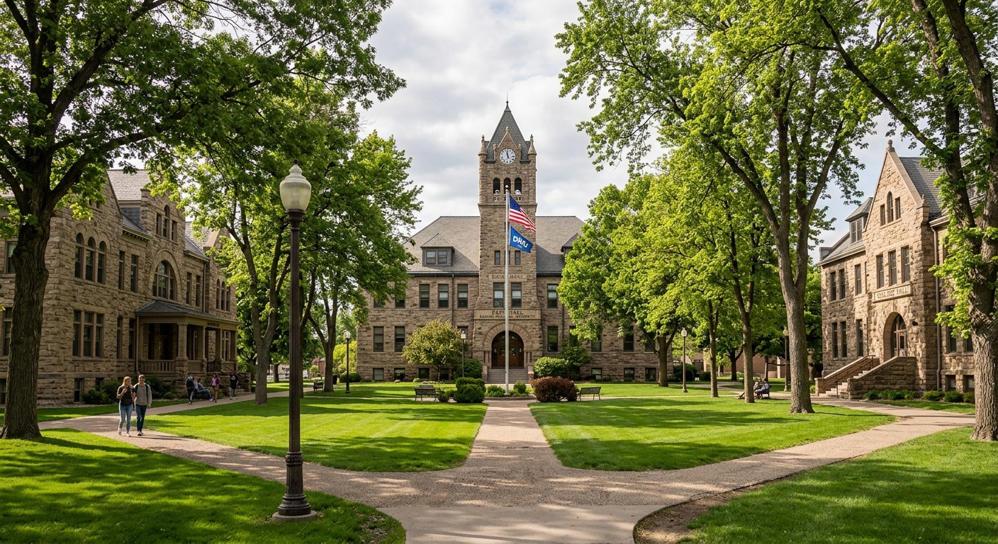 Dakota Wesleyan University historic quadrangle with U-shaped arrangement of stone academic buildings, green lawn courtyard, and mature deciduous trees