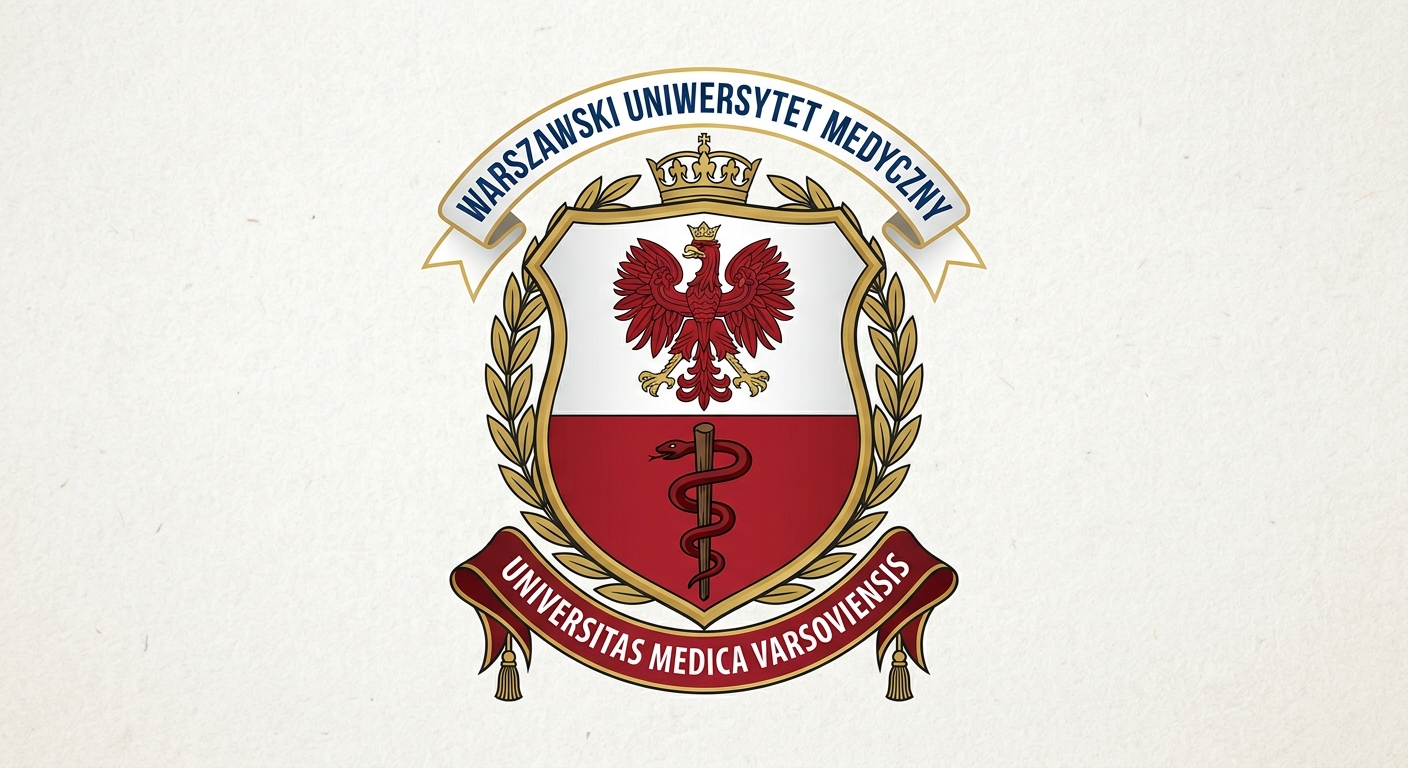 Medical University of Warsaw official logo, red and white shield emblem with the Aesculapian snake symbol, text Warszawski Uniwersytet Medyczny