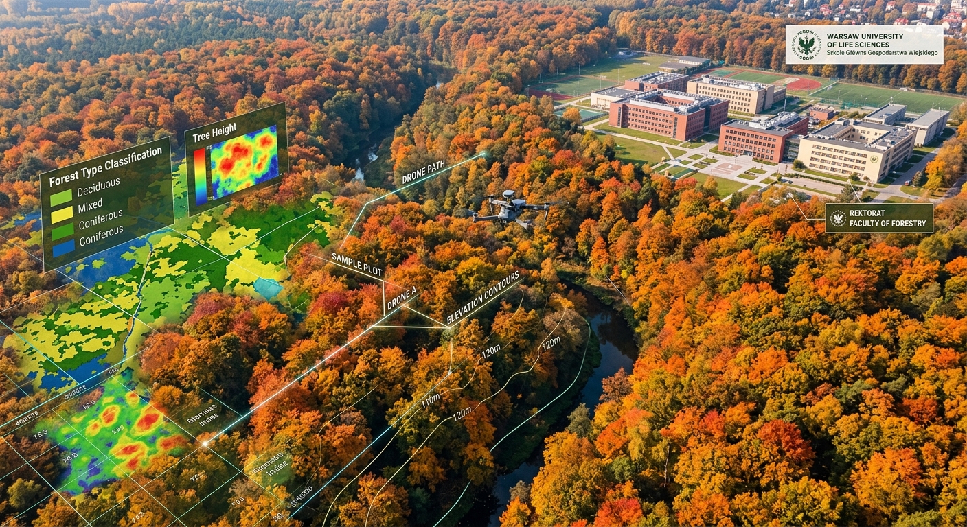 Aerial view of a dense European temperate forest with GIS mapping overlay, drone technology flying above canopy, Warsaw University of Life Sciences campus visible in background, autumn colors, bright daylight