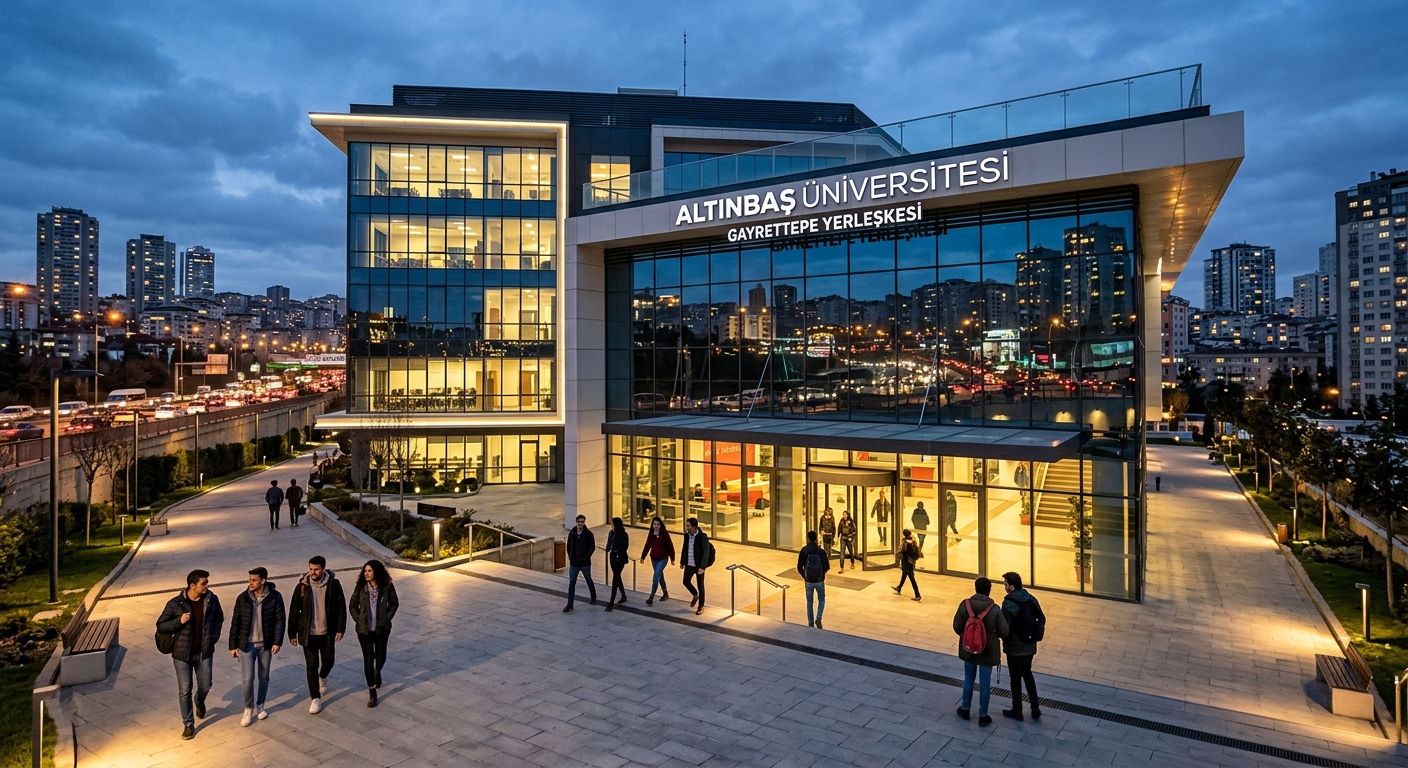 Modern Gayrettepe Campus building of Altinbas University in Istanbul at dusk, glass facade reflecting city lights, students walking through the entrance plaza with contemporary architecture