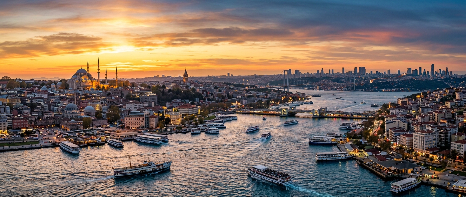 Panoramic view of Istanbul cityscape at sunset, Bosphorus strait with ferries, historic mosques and minarets silhouetted against golden sky, modern skyscrapers in the distance, European and Asian sides visible