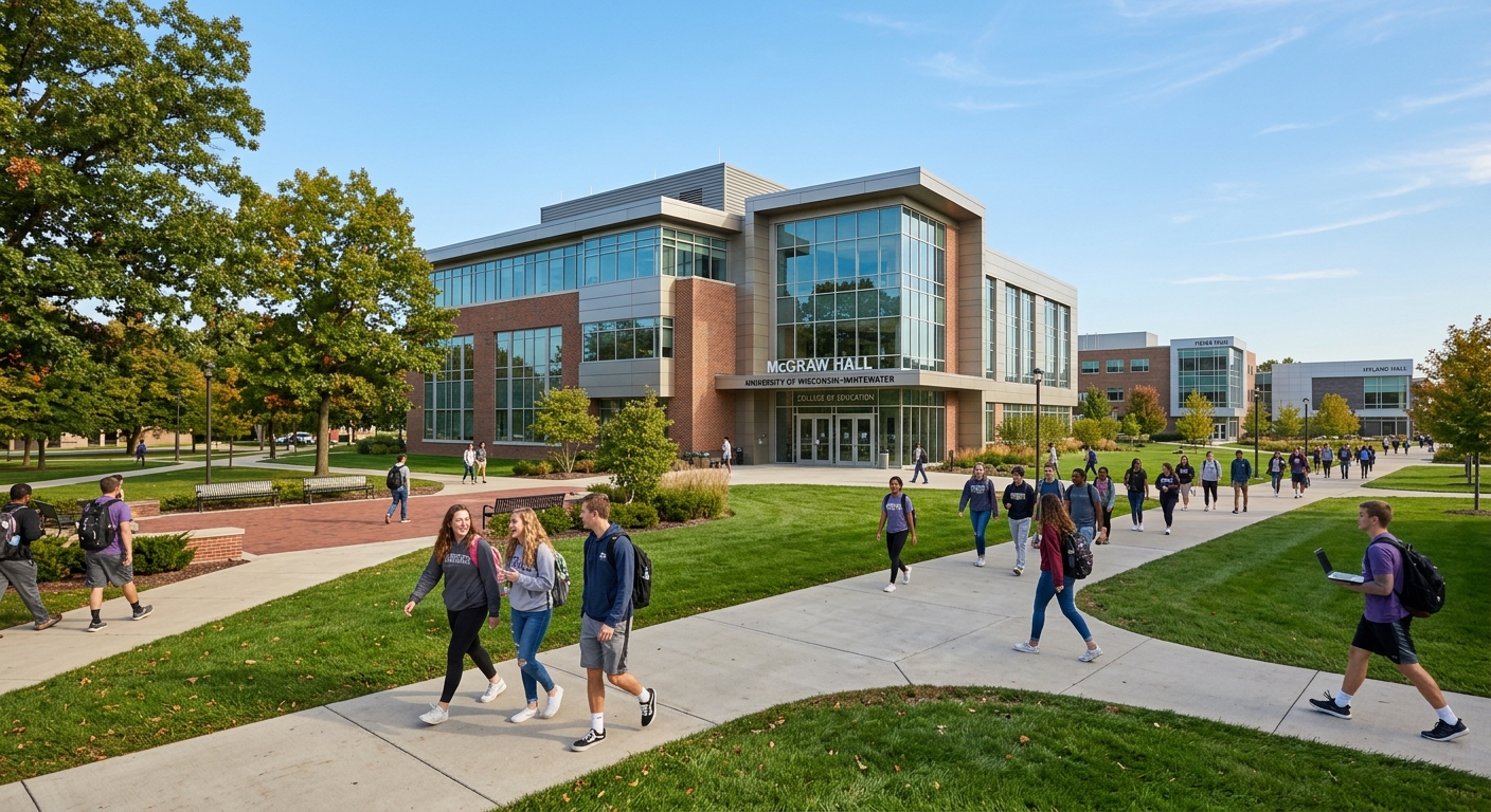 McGraw Hall at University of Wisconsin-Whitewater campus, modern academic building with students walking on pathways, green lawn and trees, Midwestern college atmosphere with clear sky