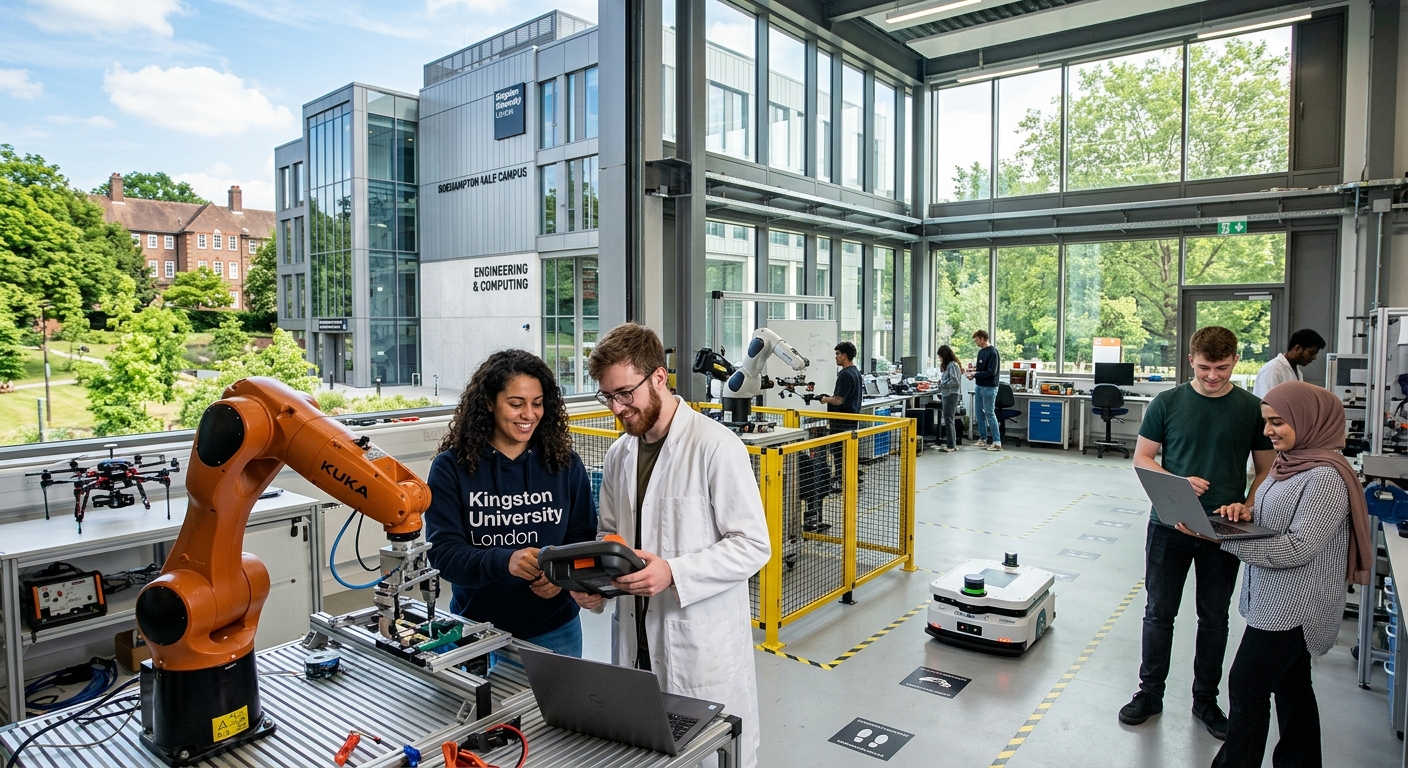 Kingston University Roehampton Vale campus engineering building with modern robotics laboratory, students working with robotic arms and autonomous systems, bright daylight and green surroundings near London