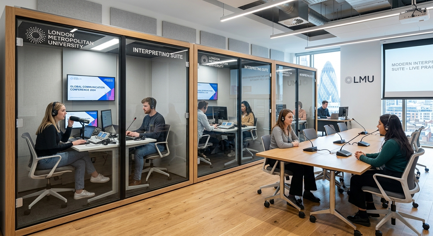 Modern interpreting suite at London Metropolitan University with soundproof booths, microphones, and headsets, students practicing simultaneous interpretation in a professional conference setting, bright lighting and contemporary design