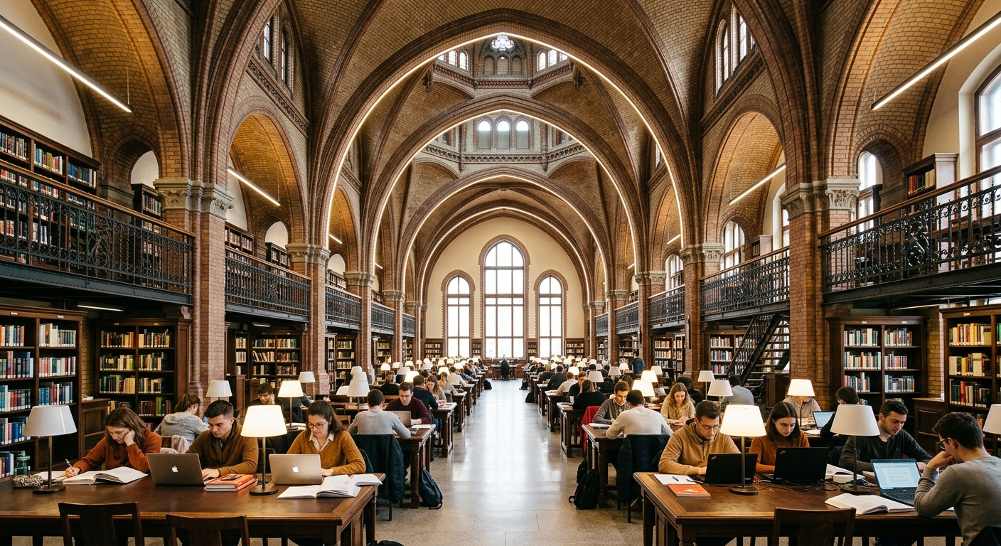 BME National Technical Information Centre and Library interior, vaulted ceilings, reading rooms with students, historic architecture with modern lighting