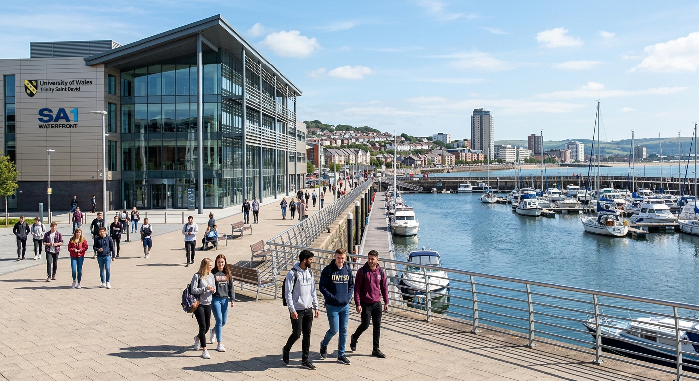 Modern SA1 Waterfront campus building in Swansea with glass facades, students walking along the marina promenade, Welsh coastal cityscape in background, bright daylight