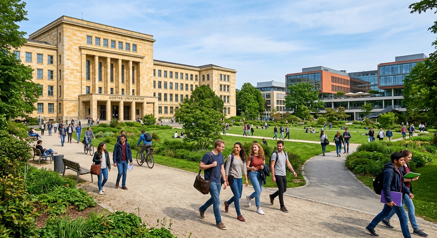 Goethe University Frankfurt Campus Westend with the historic IG Farben building, students walking through green parkland, modern academic architecture in the background, sunny day in Frankfurt Germany