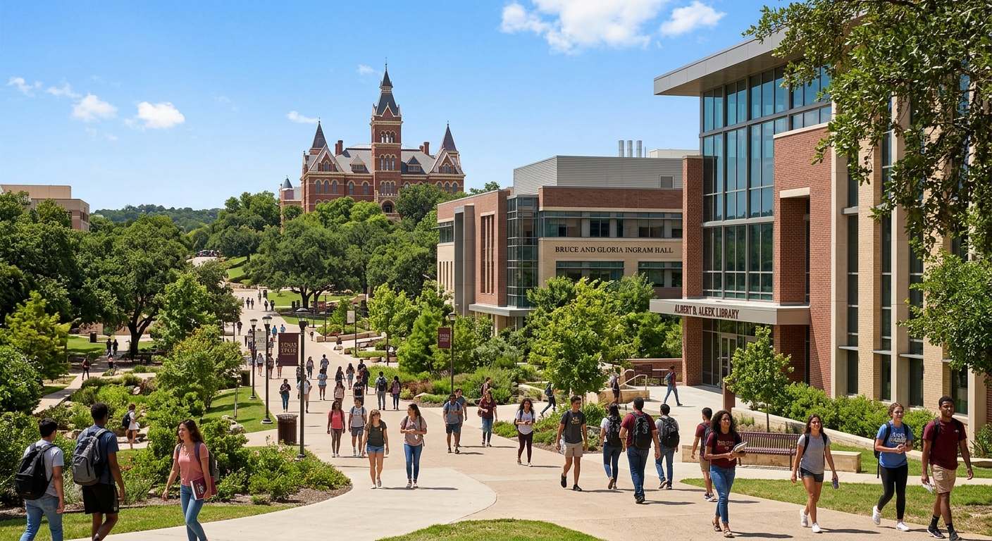 Texas State University campus in San Marcos Texas, modern academic buildings surrounded by lush green trees, students walking along pathways under blue sky with the Old Main building visible in the background
