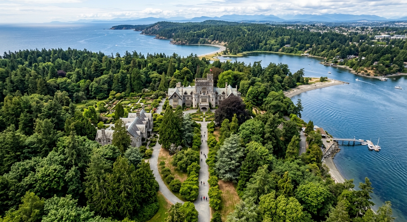 Aerial view of Royal Roads University campus at Hatley Park National Historic Site in Victoria, British Columbia, showing historic castle surrounded by lush green forest, Pacific Northwest coastline, and students walking along tree-lined pathways