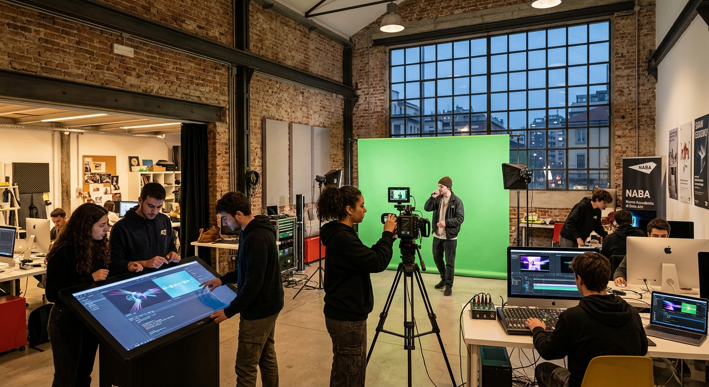Modern creative media studio at NABA Milan campus, students working with video cameras, green screens, and interactive digital displays, industrial-chic architecture with exposed brick and large windows, warm ambient lighting