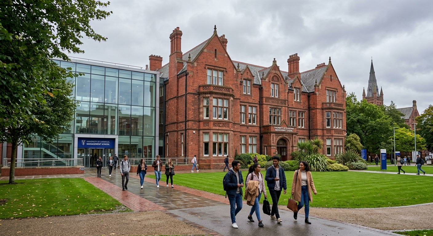 University of Liverpool Management School exterior with red brick Victorian architecture, students walking across campus, green lawns and modern glass additions visible, overcast British sky