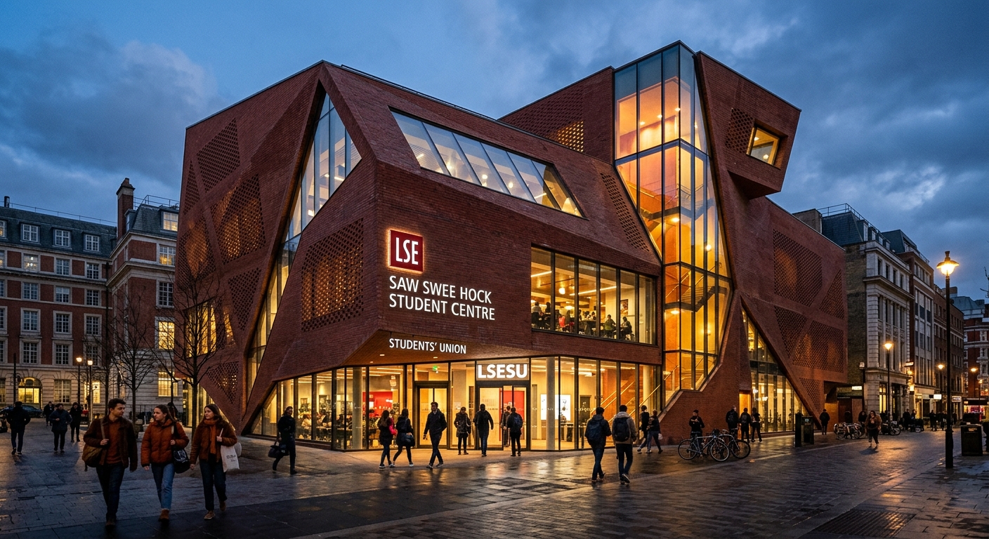 Saw Swee Hock Student Centre exterior, angular modern building with brick and glass, LSE Students Union signage, evening lighting