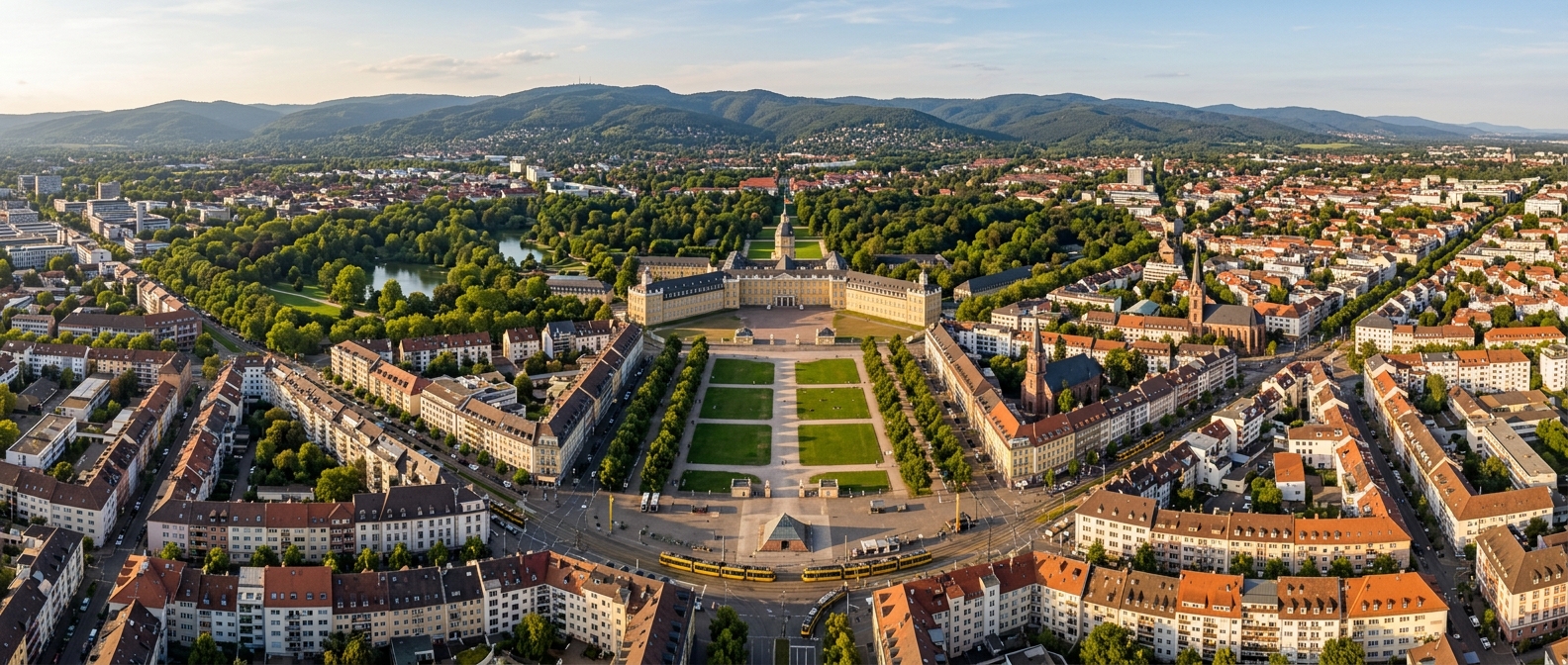 Panoramic view of Karlsruhe city center showing the fan-shaped urban layout radiating from the Baroque palace, green parks, tram lines, and the Black Forest mountains visible in the distance under warm sunlight