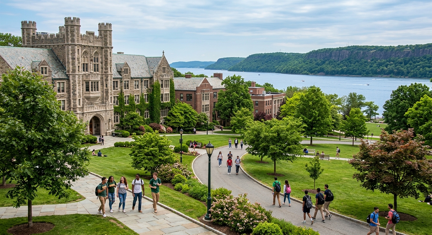 Manhattan University campus in Riverdale, New York, featuring green lawns, historic Gothic-style buildings, and students walking along tree-lined pathways with the Hudson River visible in the background