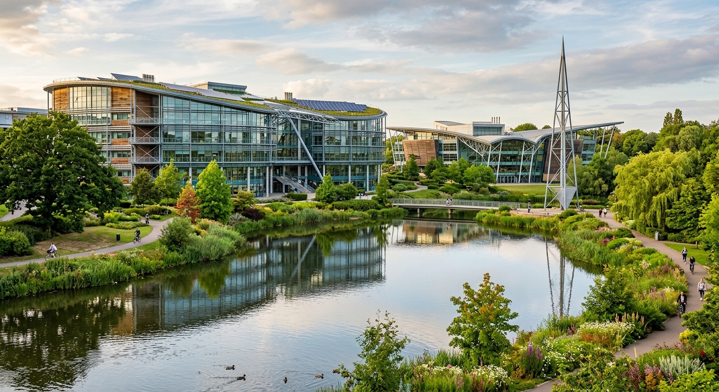 University of Nottingham Jubilee Campus with futuristic eco-friendly glass and steel buildings reflected in a lake, modern architecture surrounded by greenery