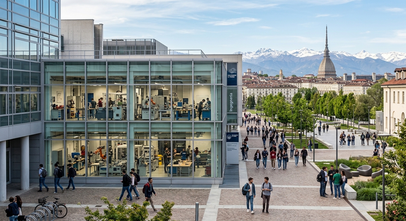 Politecnico di Torino main engineering campus building with modern architecture, students walking through the courtyard, industrial manufacturing lab equipment visible through glass windows, Turin cityscape in background with Alps on horizon