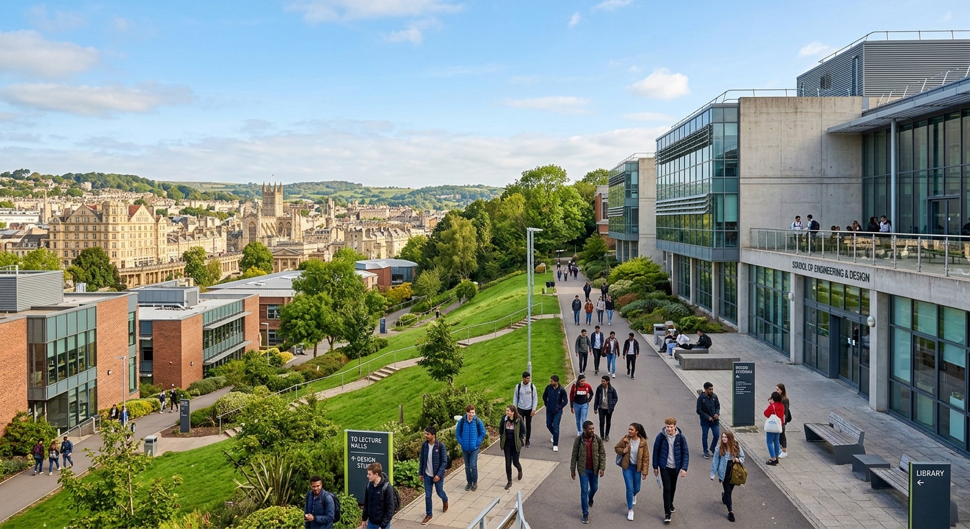 University of Bath campus on Claverton Down, modern architecture buildings overlooking the historic city of Bath, green hillside landscape, engineering students walking between lecture halls and design studios, bright daylight with blue sky