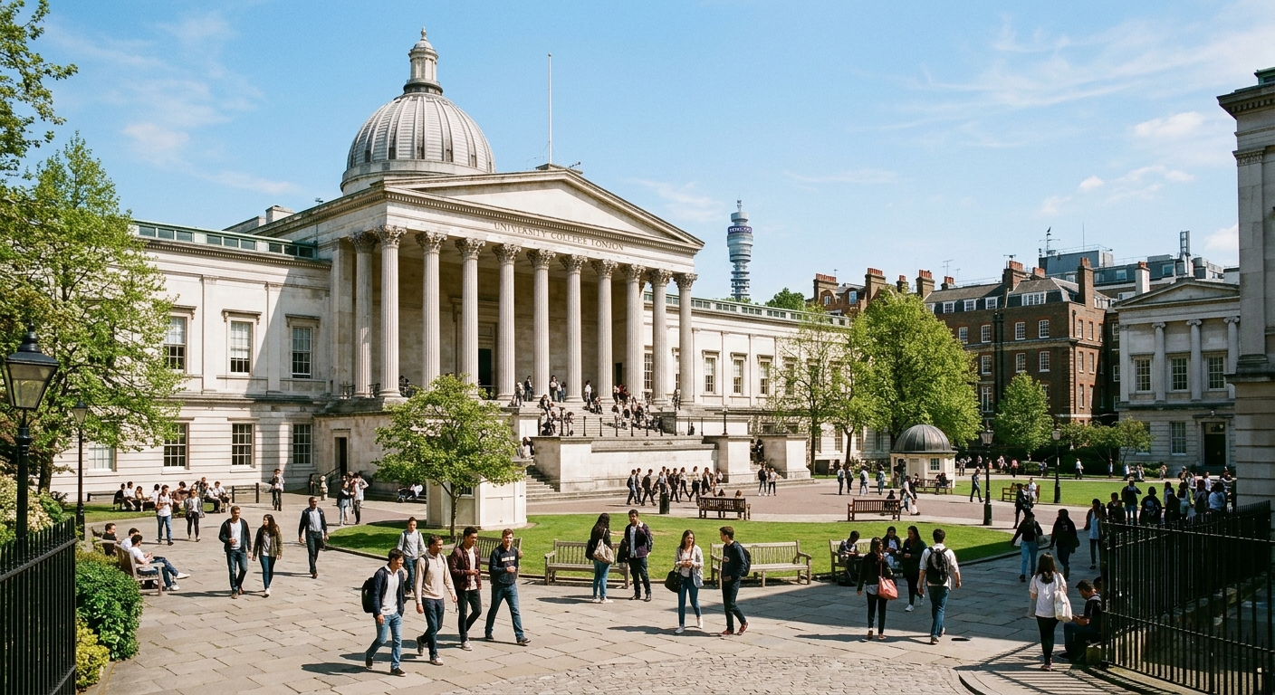 UCL University College London historic Bloomsbury campus with neoclassical Wilkins Building portico, students walking through the quad, clear sky over central London