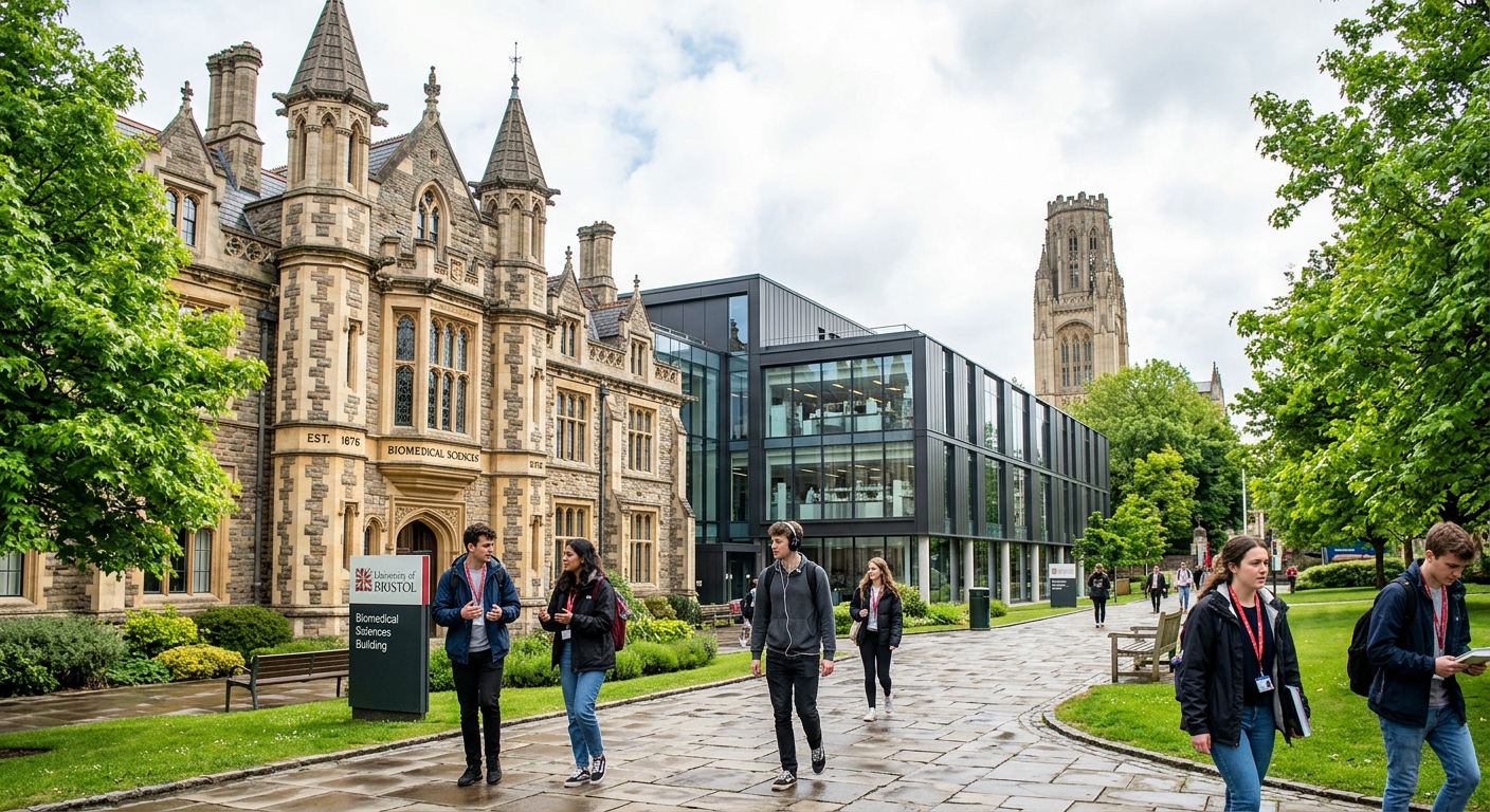 University of Bristol Biomedical Sciences Building exterior with Gothic architecture and modern laboratory wing, students walking on campus pathway surrounded by green trees, bright overcast sky typical of Bristol England