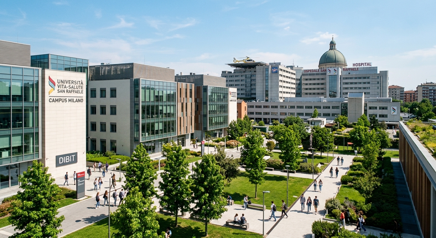 Modern university campus of Vita-Salute San Raffaele University in Milan, Italy, with contemporary academic buildings, green courtyards, and the San Raffaele Hospital complex visible in the background under a clear blue sky