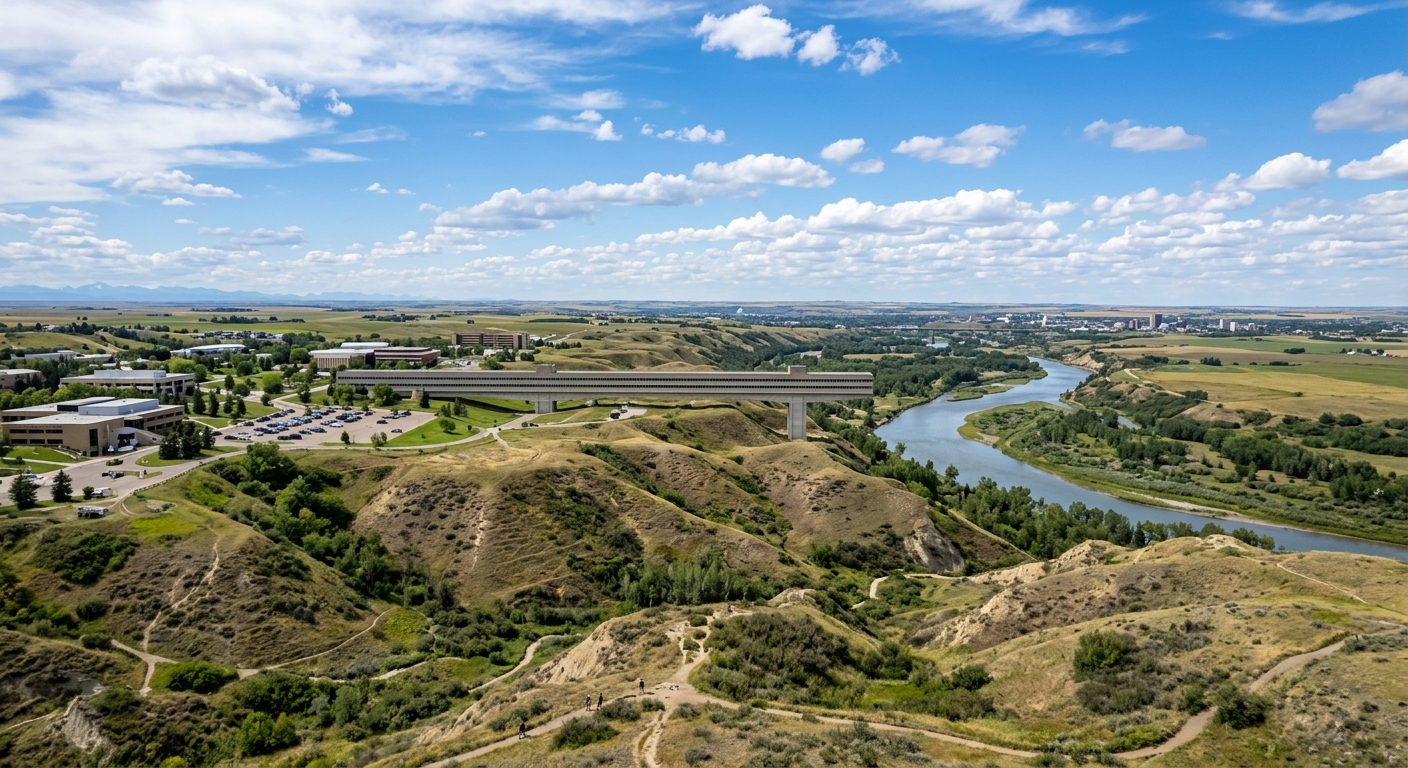University of Lethbridge campus wide shot showing the iconic University Hall designed by Arthur Erickson spanning the coulees above the Oldman River valley, with vast Alberta prairie landscape and blue sky in the background