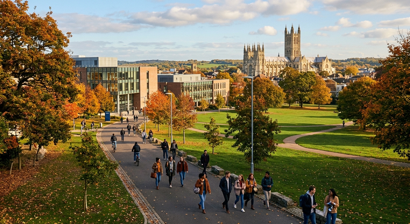 University of Kent Canterbury campus with historic cathedral in the background, green parkland, modern academic buildings, students walking along tree-lined pathways in autumn light