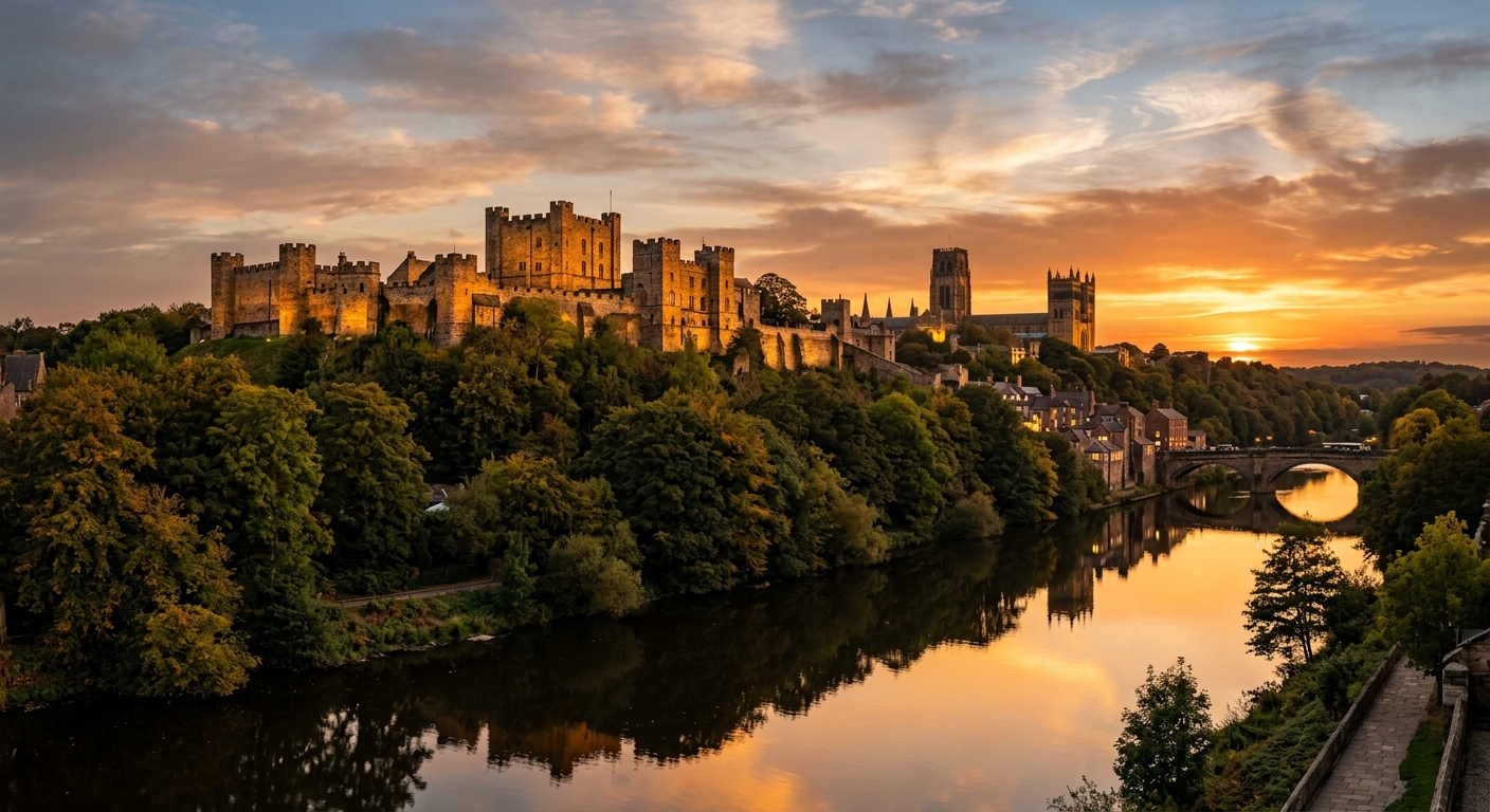 Durham Castle exterior view at sunset, medieval stone fortress on hilltop overlooking the River Wear, warm golden light reflecting off ancient walls