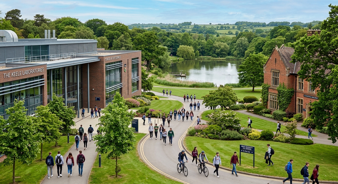 Keele University campus with modern science laboratories and green parkland, students walking along pathways between brick buildings, lush trees and a lake in the background, Staffordshire countryside setting