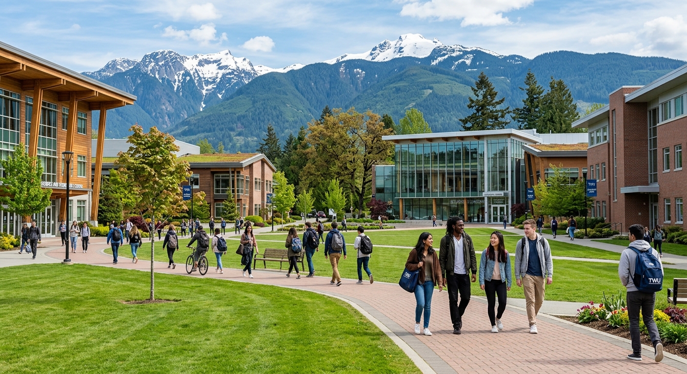 Modern university campus in Langley, British Columbia with green lawns, contemporary academic buildings, mountains in the background, and diverse international students walking between classes