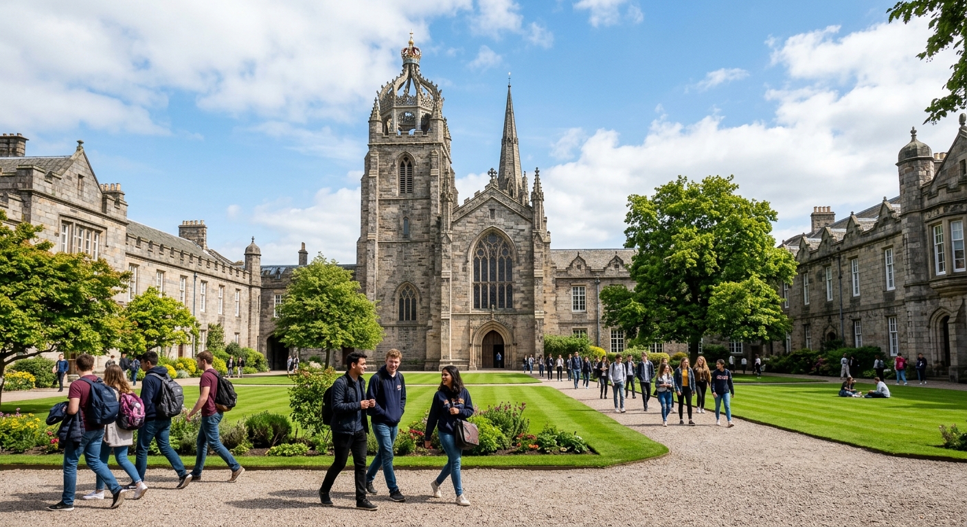 Historic granite campus of the University of Aberdeen with King's College Chapel and crown tower, students walking through the quadrangle on a sunny day, lush green lawns and medieval architecture