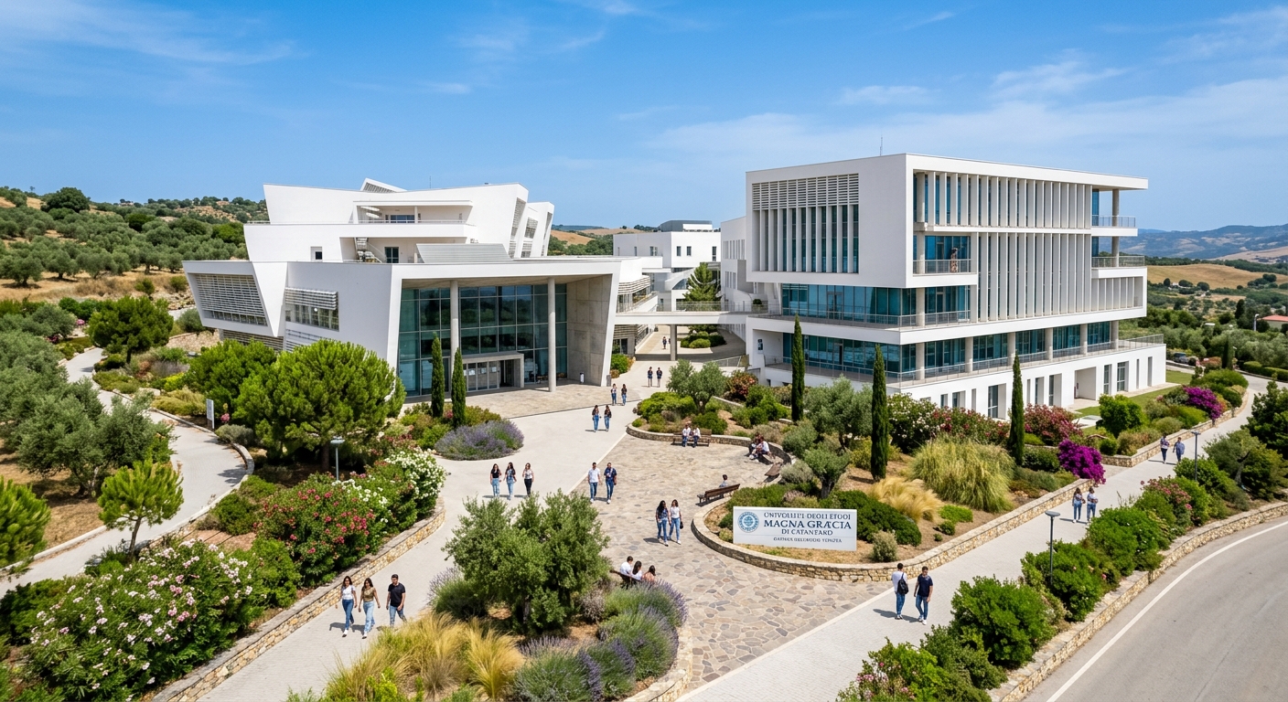 Modern academic buildings of Magna Graecia University Germaneto campus, white contemporary architecture surrounded by green Mediterranean landscaping, clear blue sky