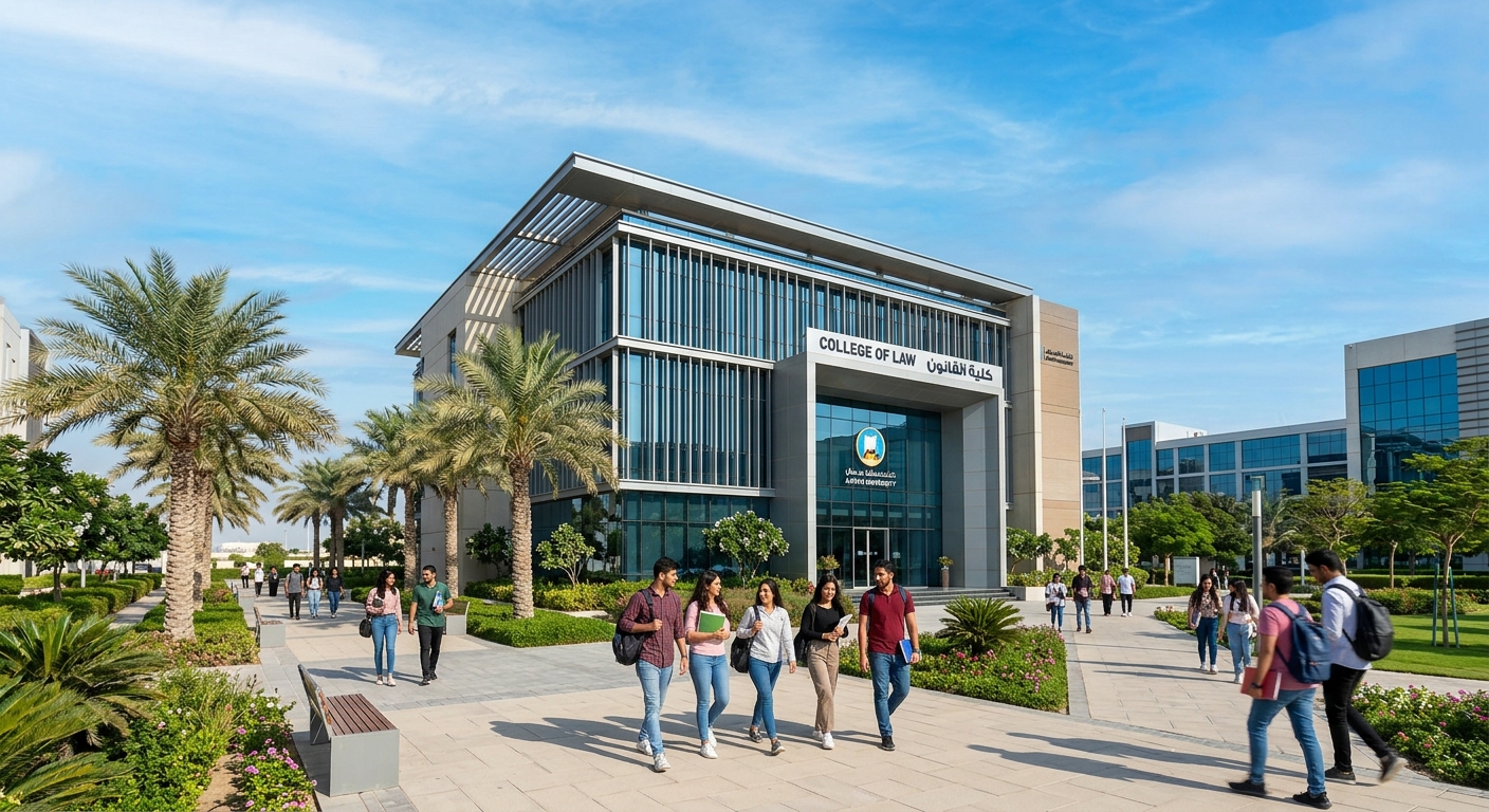 Modern Ajman University campus building with glass facade and palm trees, students walking on landscaped pathways under clear blue UAE sky, College of Law signage visible