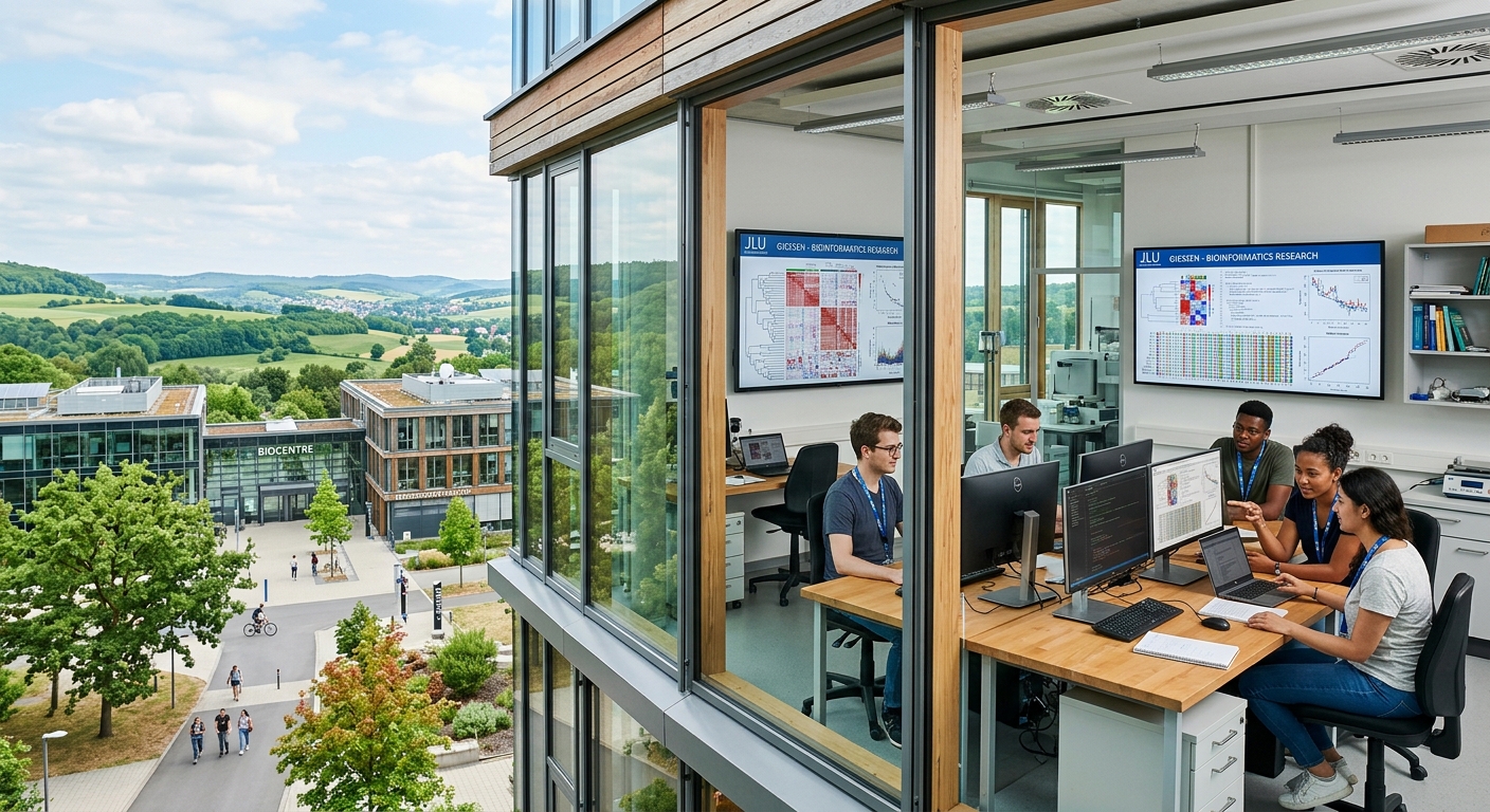 Modern university campus at Justus Liebig University Giessen, Germany, featuring a bioinformatics research laboratory with students analyzing genomic data on large screens, surrounded by lush green Hessian landscape