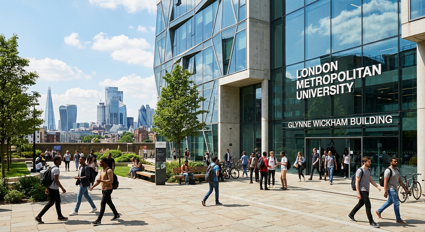Modern London Metropolitan University campus building with glass facade, students walking in courtyard, London skyline visible in background, bright daylight with blue sky