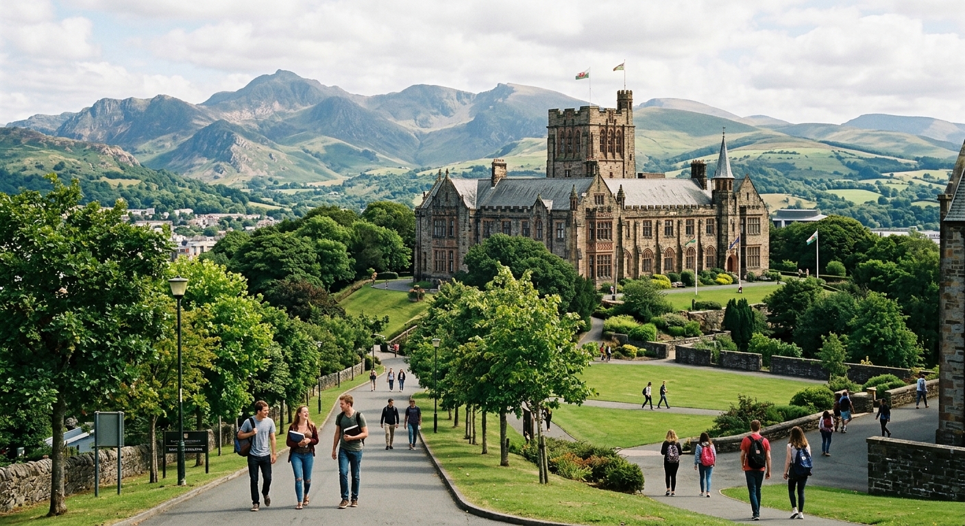 Historic Bangor University campus with the New Arts building surrounded by green hills, Snowdonia mountains visible in the background, students walking along tree-lined paths in North Wales