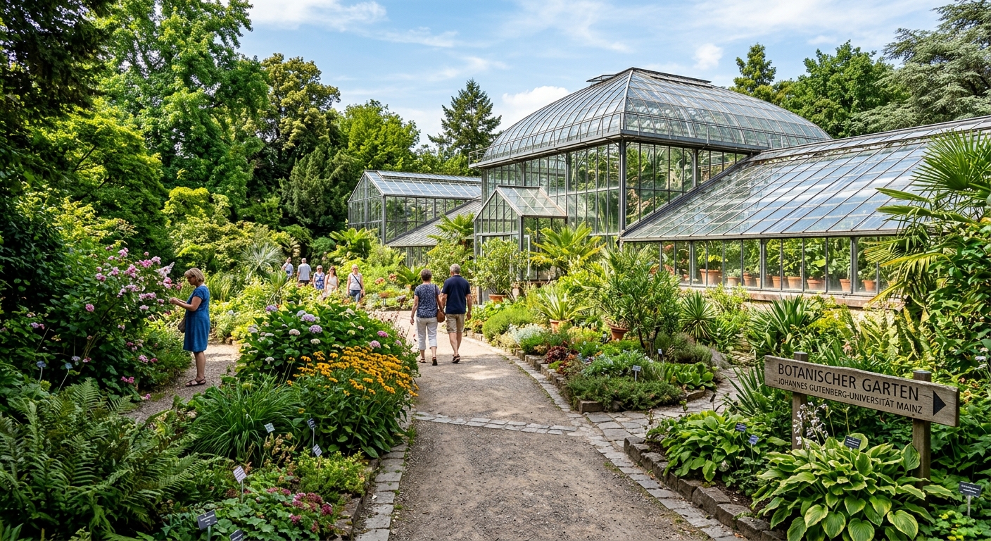 Botanical garden at Johannes Gutenberg University Mainz, lush greenery with exotic plants, glass greenhouse structures, winding garden paths