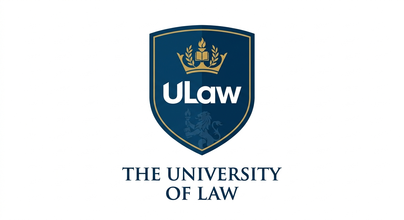 The University of Law official logo, dark blue shield emblem with ULaw text, clean white background