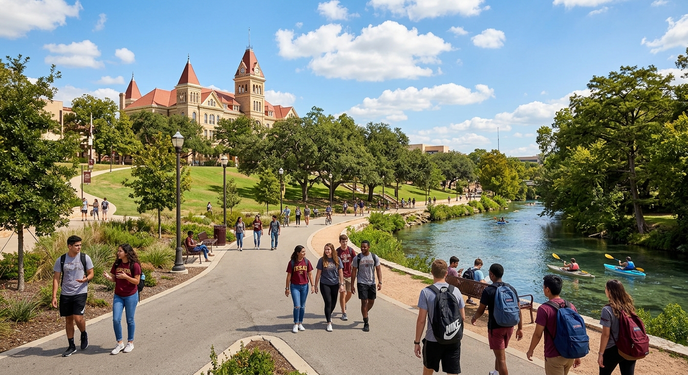 Texas State University campus in San Marcos with students walking along tree-lined paths near the San Marcos River, historic Old Main building visible in the background, sunny Texas sky