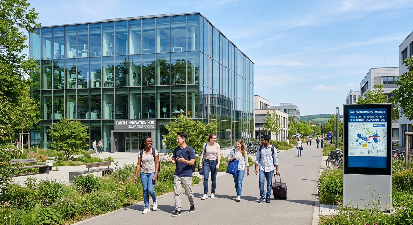 Modern university campus building in Germany with glass facade, international students walking through a technology park setting, digital signage and green landscaping, bright daylight