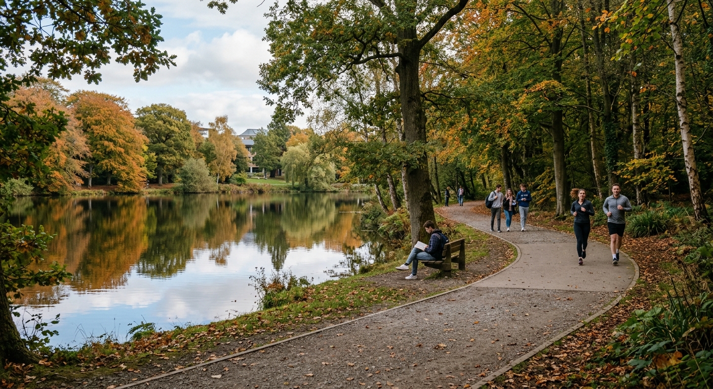 UCD lake and woodland walk on Belfield campus, calm water reflecting surrounding mature trees, joggers and students on pathway, peaceful natural setting