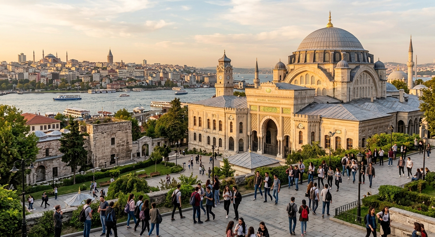 Historic Istanbul skyline with Topkapi campus area, university building with Ottoman architectural influences, students walking on campus grounds with the Golden Horn waterway in the background, warm sunlight