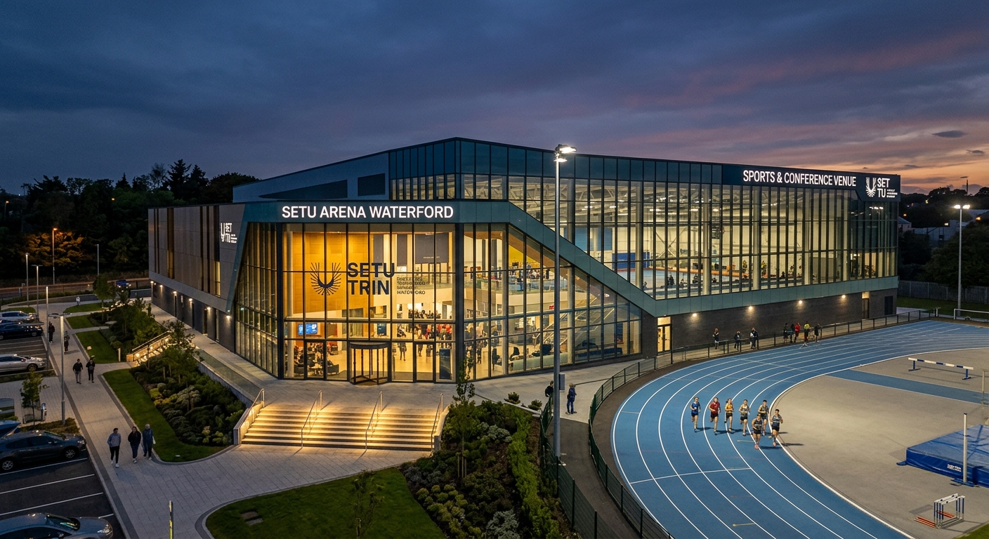 SETU Arena Waterford, modern sports and conference venue, large glass-fronted building with athletic facilities, evening lighting