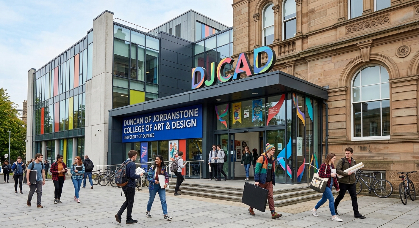 Duncan of Jordanstone College of Art and Design building exterior showing creative signage and students entering, contemporary architecture mixed with historic stone facade
